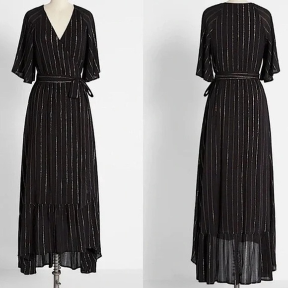 Modcloth Dresses & Skirts - ModCloth Elegant Flutter Sleeve Black Striped Maxi Breathable Wrap Dress 3X